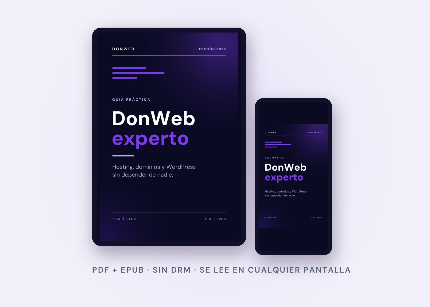 Ebook DonWeb Experto sobre hosting y WordPress mostrado en tablet y celular